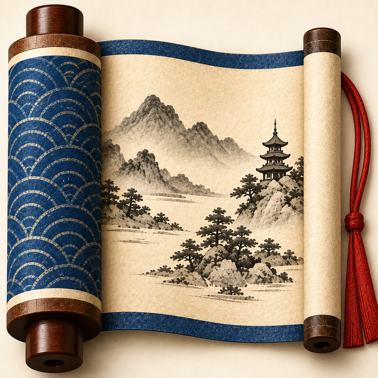 An open Japanese scroll with blue patterned silk, an ink landscape, and a red tassel