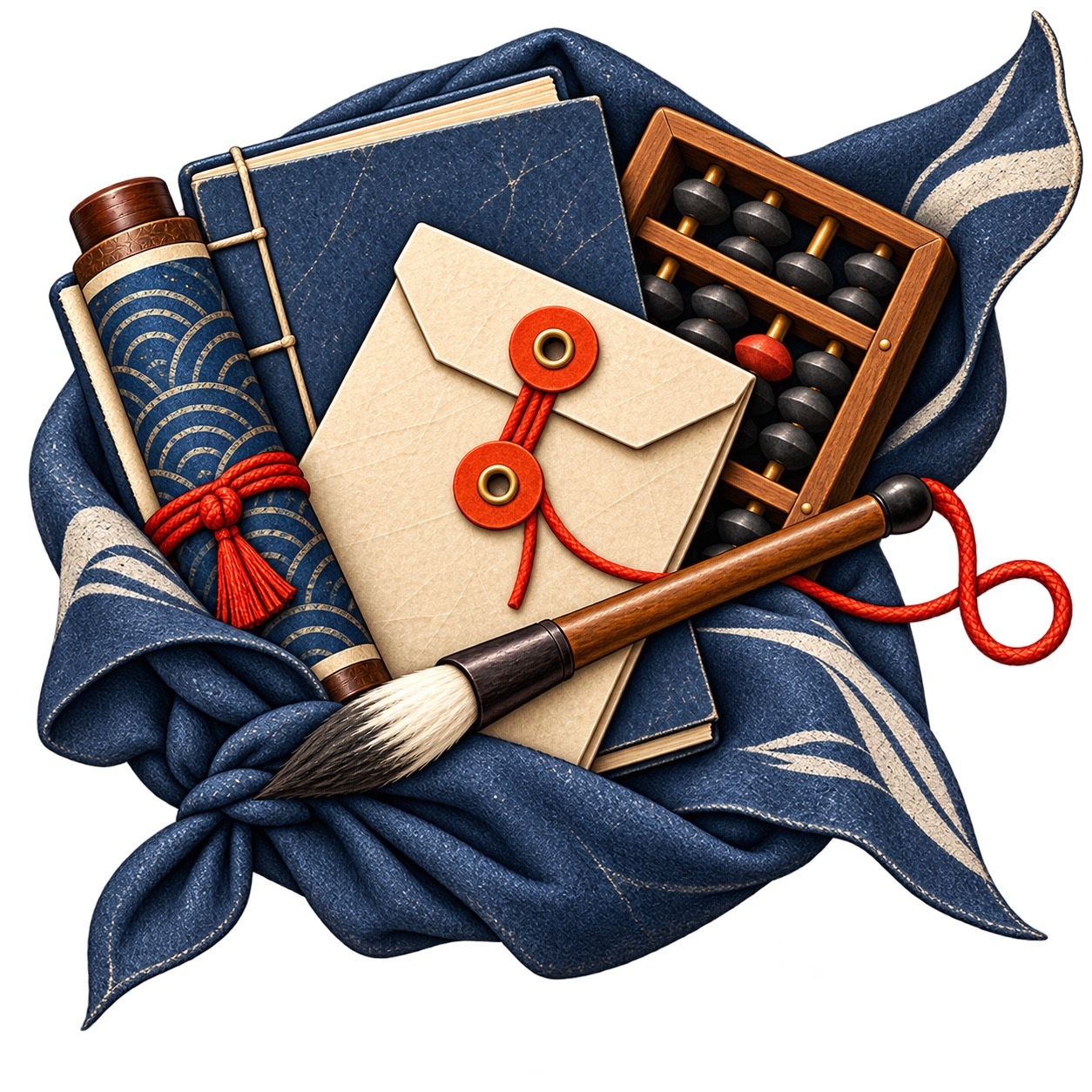 A scroll, brush, string-tie envelope, ledger, and soroban wrapped in indigo cloth