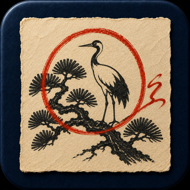 An ink crane standing on a pine branch inside a red brush circle, on cream paper laid over an indigo tile